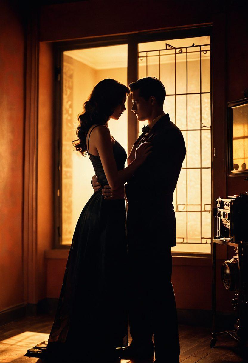 A visually captivating scene of a couple sharing an intimate moment, surrounded by mysterious shadows and soft lighting that enhances the allure of sensuality. The background features hints of vintage film reels and tantalizing imagery, symbolizing taboo films. Subtle playfulness and a hint of intrigue are showcased in their expressions. Focus on warm tones and a dreamy ambiance. vibrant colors. cinematic style.
