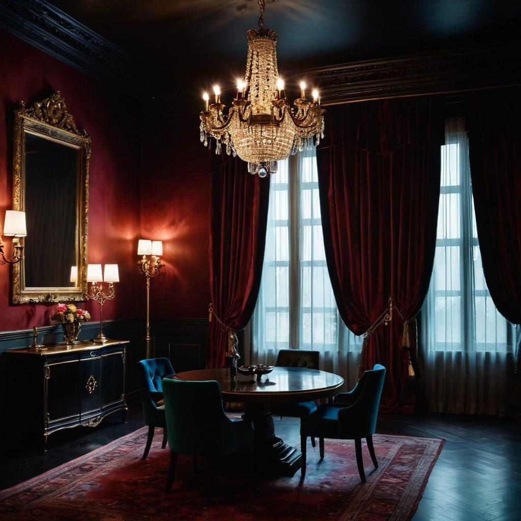 A mysterious and seductive landscape shrouded in shadows, with an old film reel unrolling into various alluring scenes that symbolize forbidden desires. Ethereal lighting casts dramatic contrasts, drawing attention to the intricate details of the images within the film frames. Add subtle elements of glamour and curiosity, like velvet curtains and dimly lit chandeliers in the background. The color palette should be rich and warm, evoking a sense of intrigue. super-realistic. vibrant colors. cinematic.